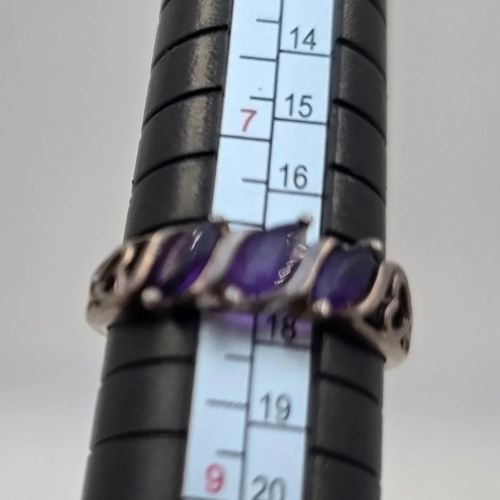 925 Sterling Silver Marquise Amethyst Heart Cutout Ring Size 8 Purple Gemstone